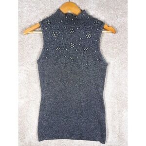 Cache Y2K‎ Retro Knit Metallic Pearl Embellished Sleeveless Top Mock Neck Party